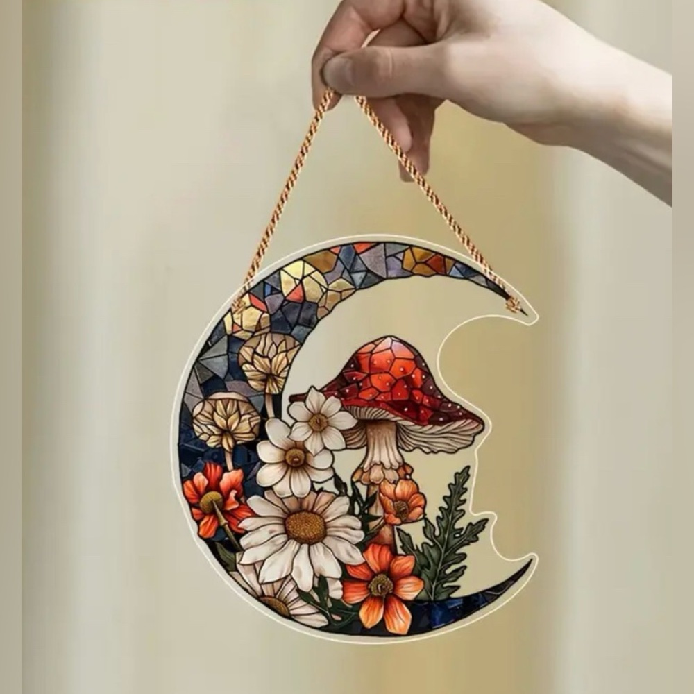 Moonlit Mushroom & Floral Mosaic Look 2D Flat Acrylic Window Hanging New